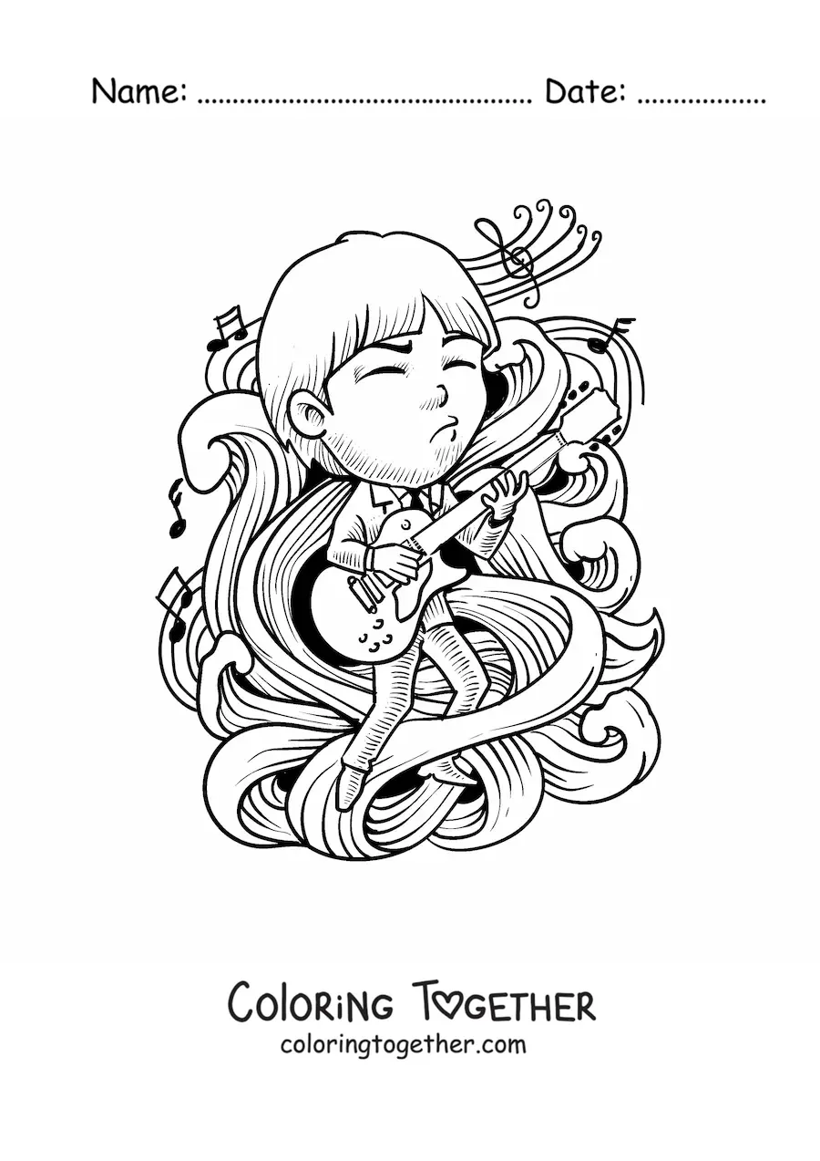 Coloring page of a cartoon rocker playing an electric guitar