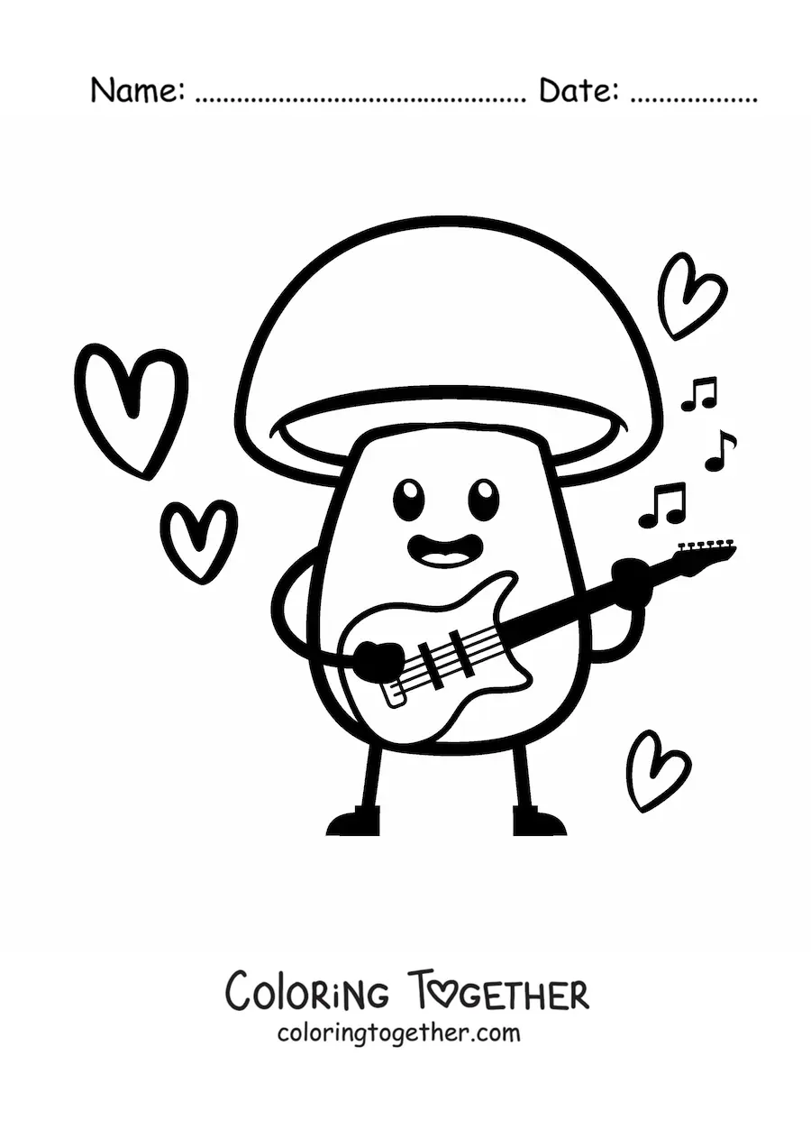 Coloring page of a cute cartoon kawaii mushroom playing a guitar