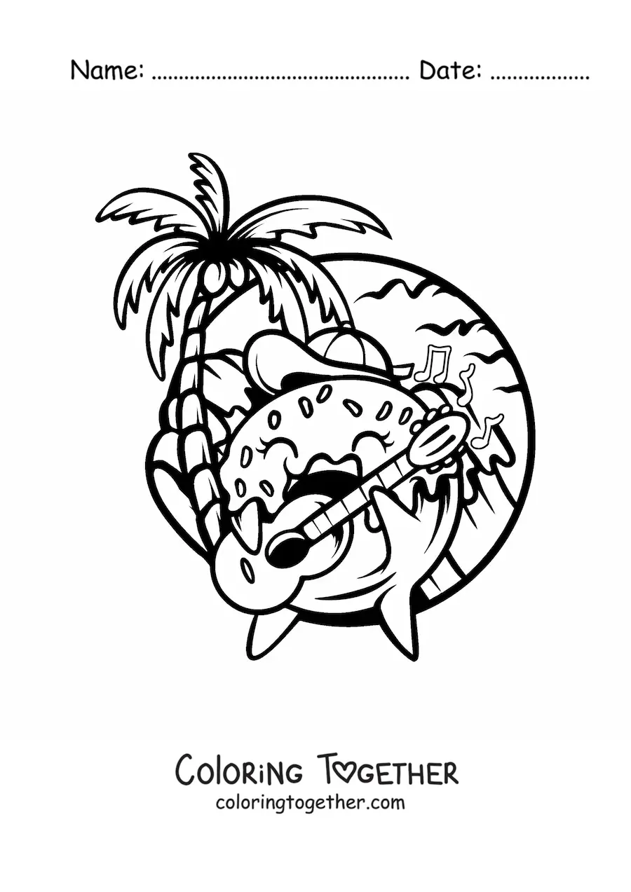Coloring page of a cartoon donut playing a guitar on the beach