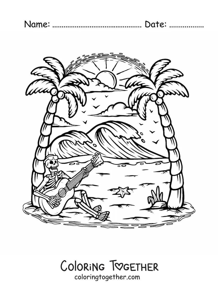Coloring page of a cartoon human skeleton playing a guitar while sitting on the beach