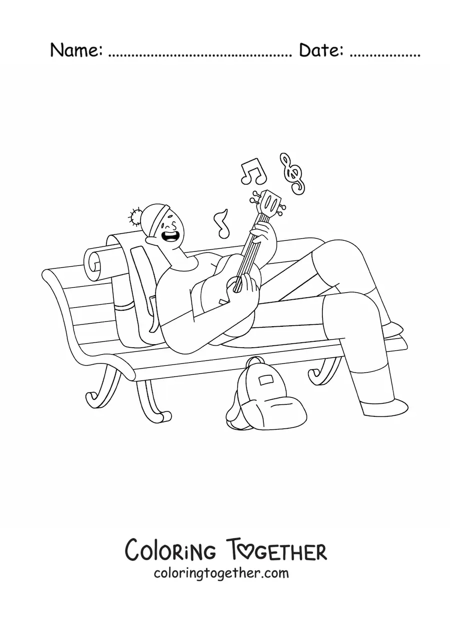 Coloring page of a singer lying on a bench while playing the guitar