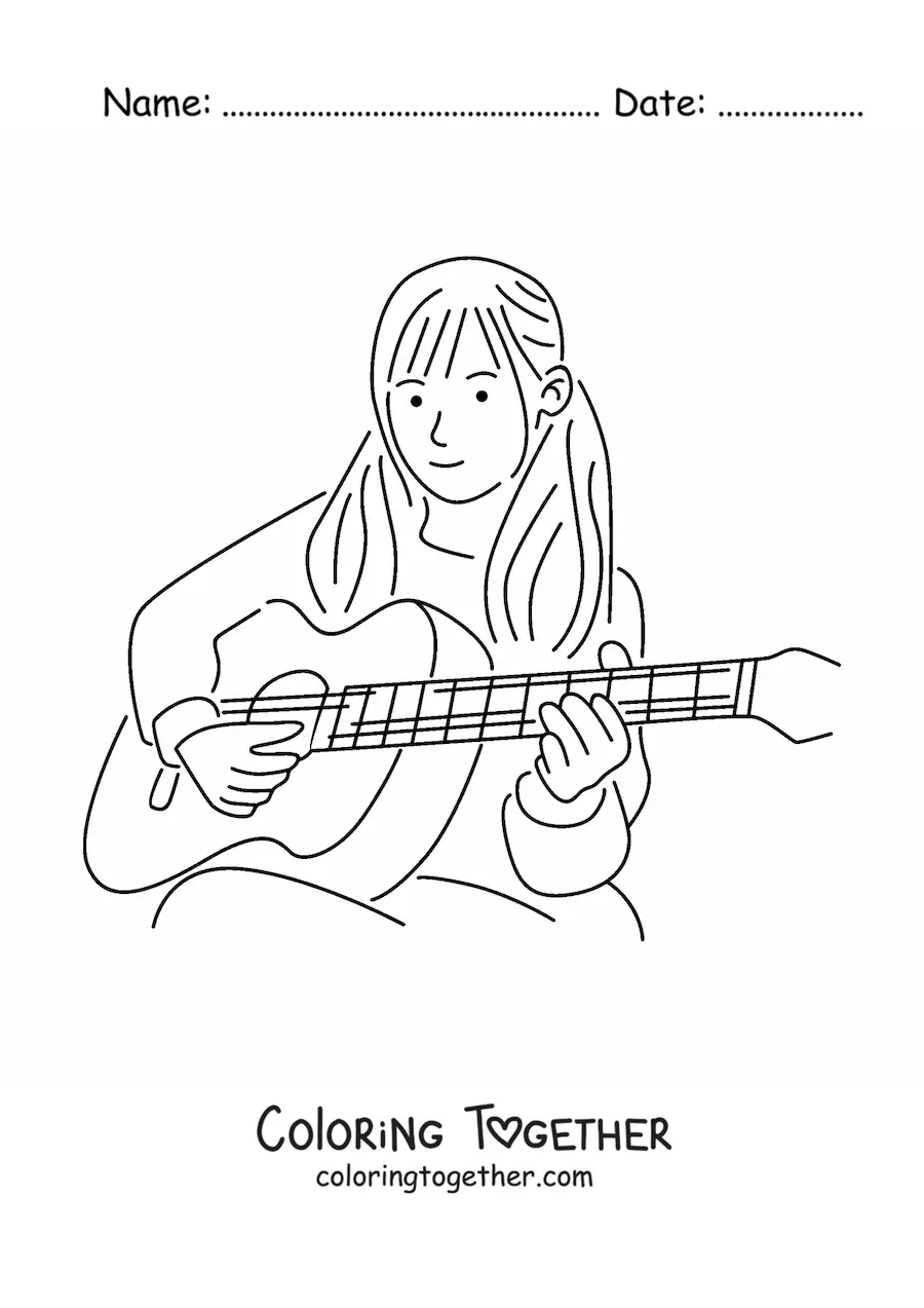 Coloring page of a girl sitting and playing a classical guitar