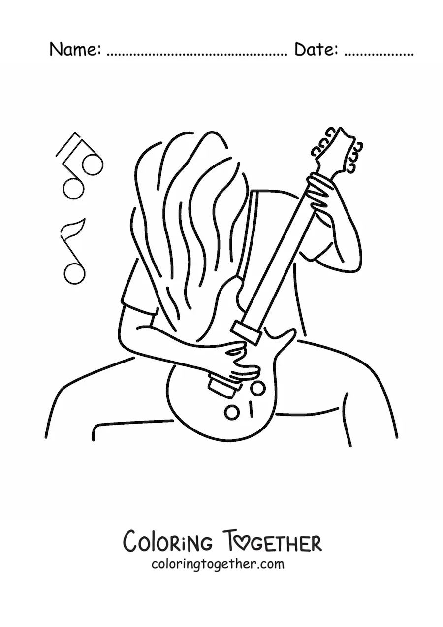 Coloring page of a rocker playing an electric guitar