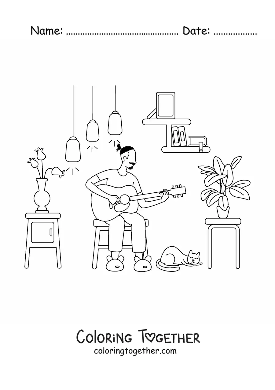 Coloring page of a boy playing the guitar at home