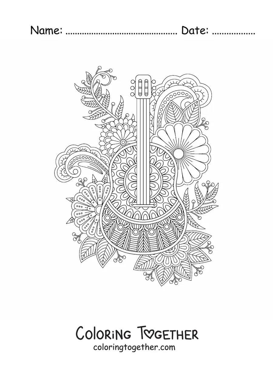 Coloring page of a mandala shaped like a classical guitar