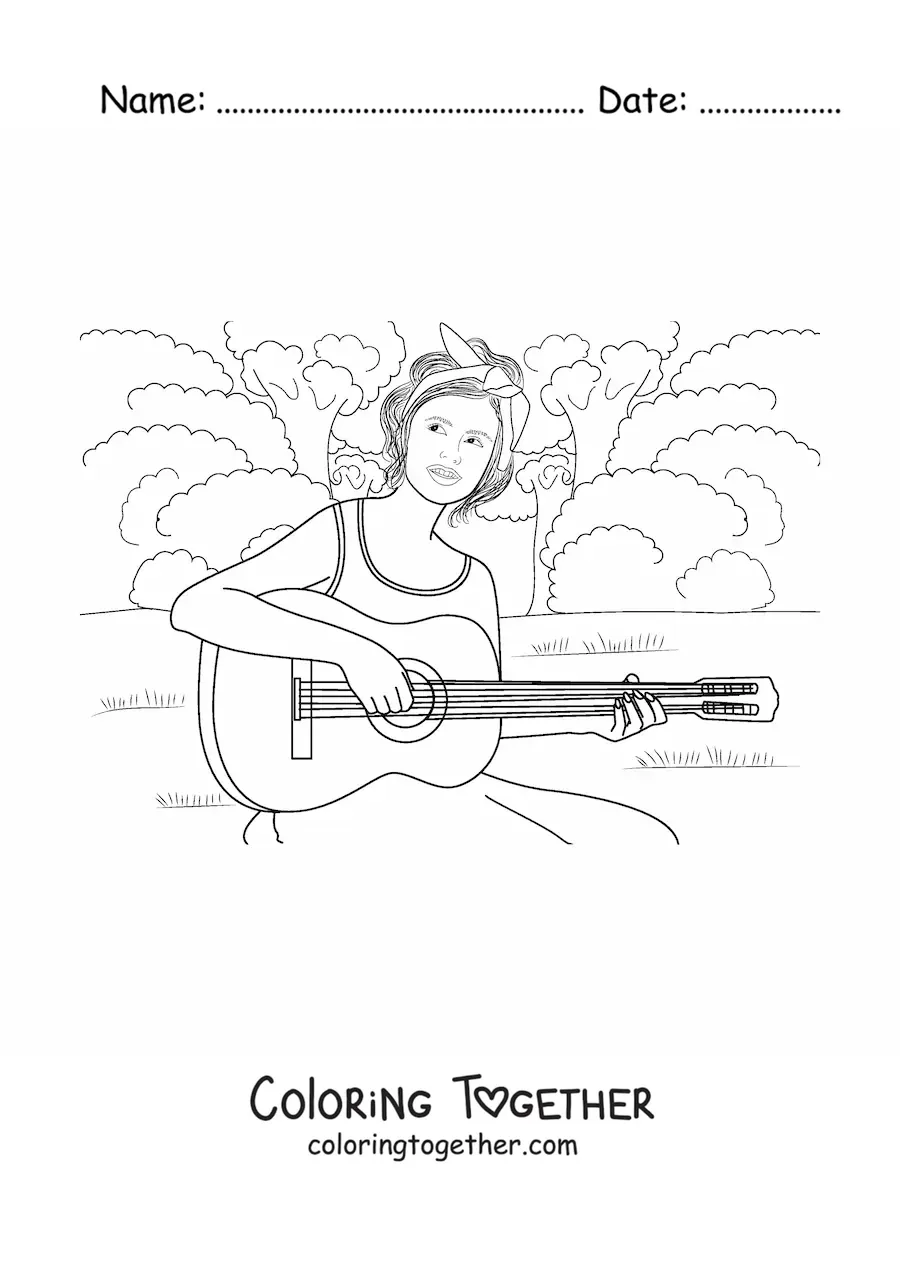 Coloring page of a girl playing the guitar in a park