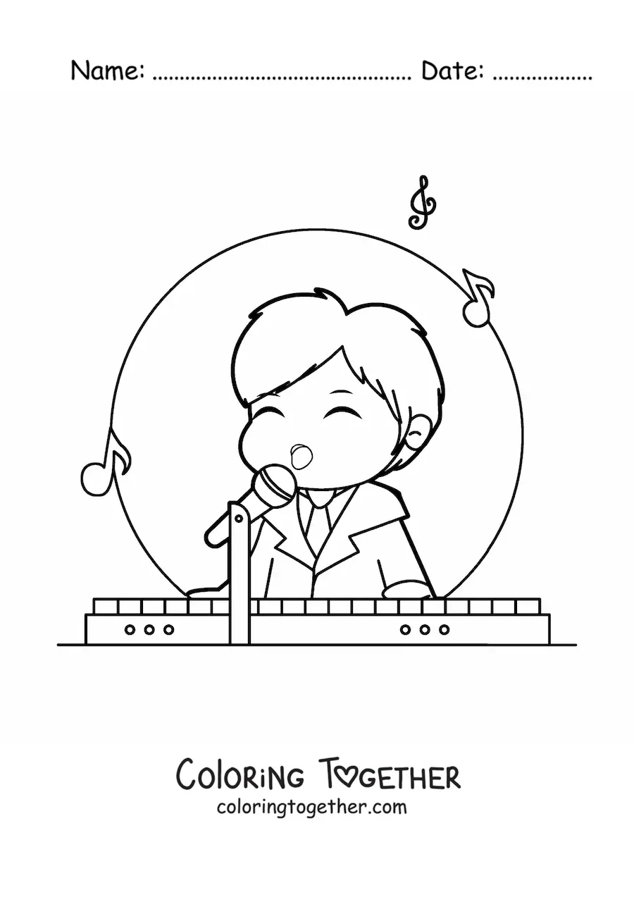 Coloring page of a cute kawaii boy playing the piano