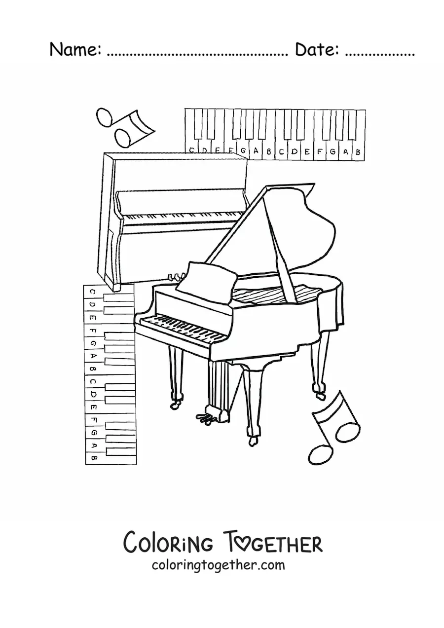Coloring page of several types of pianos
