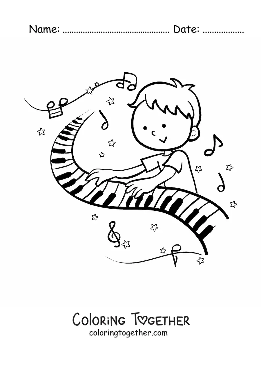 Coloring page of a boy playing the piano