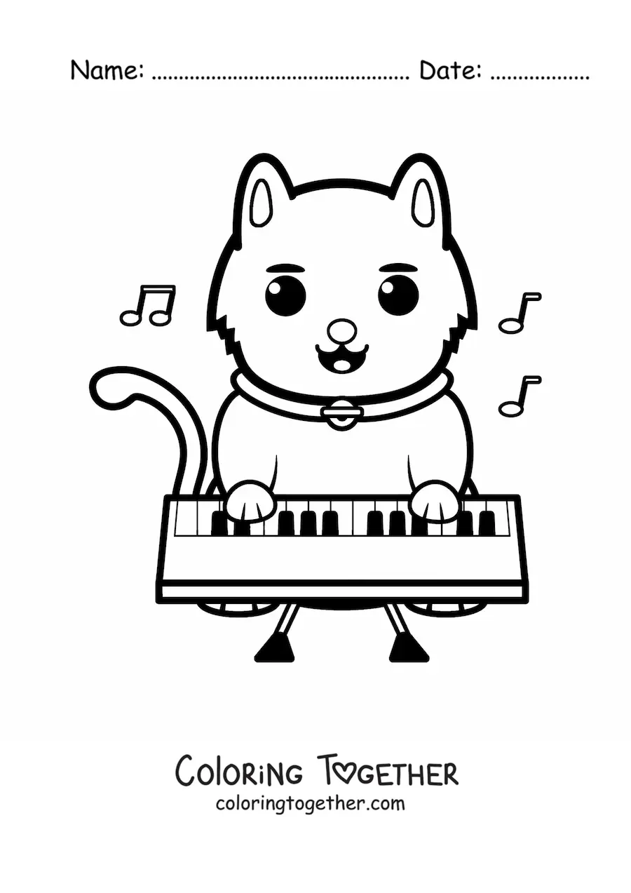 Coloring page of a cartoon cat playing the piano
