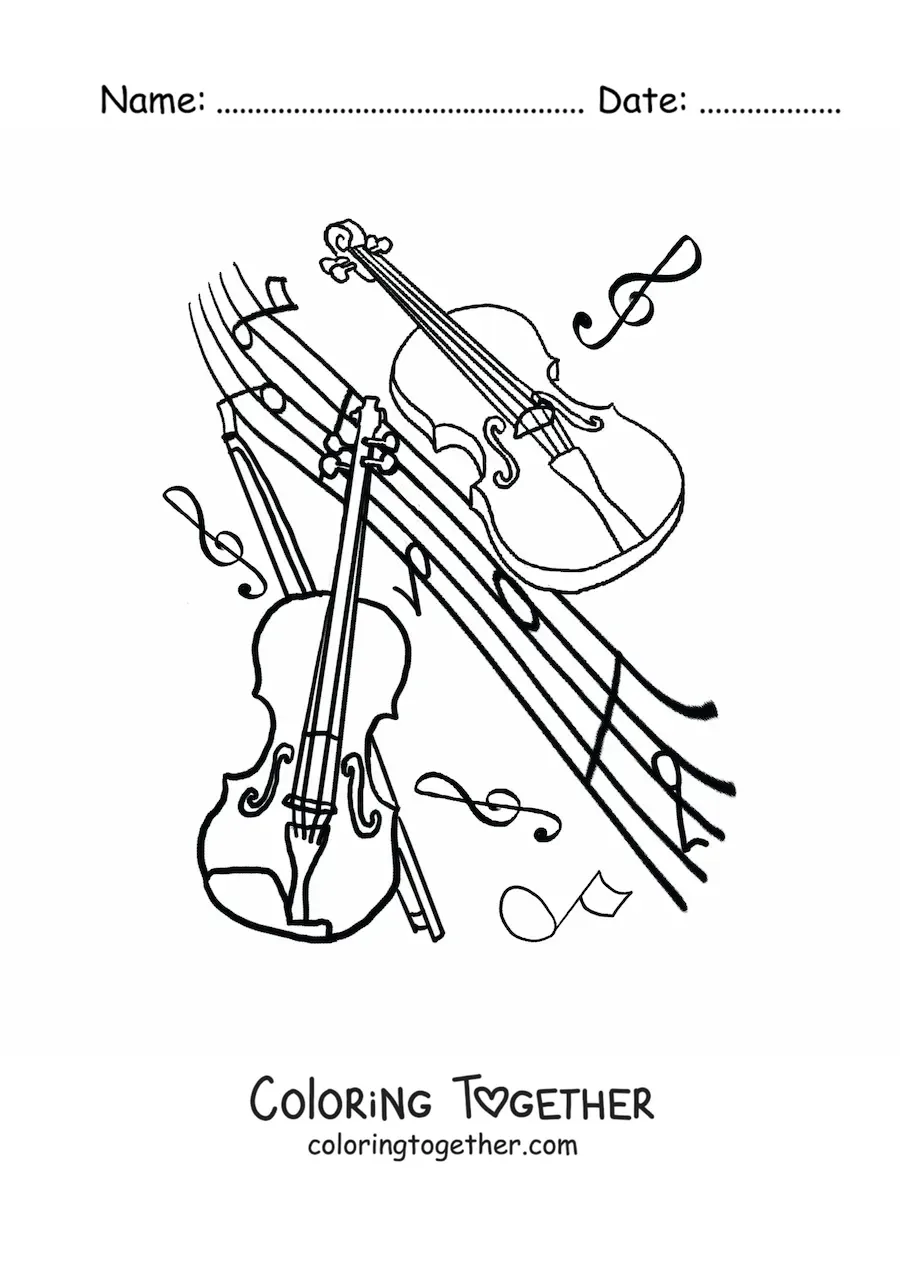 Coloring page of two violins surrounded by musical notes