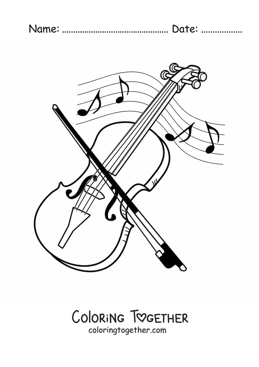 Coloring page of a violin and its bow surrounded by musical notes