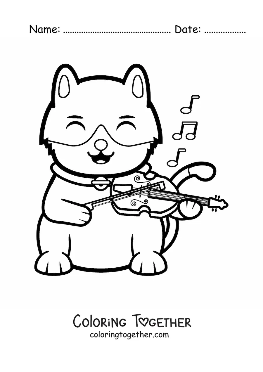 Coloring page of a cartoon cat playing the violin