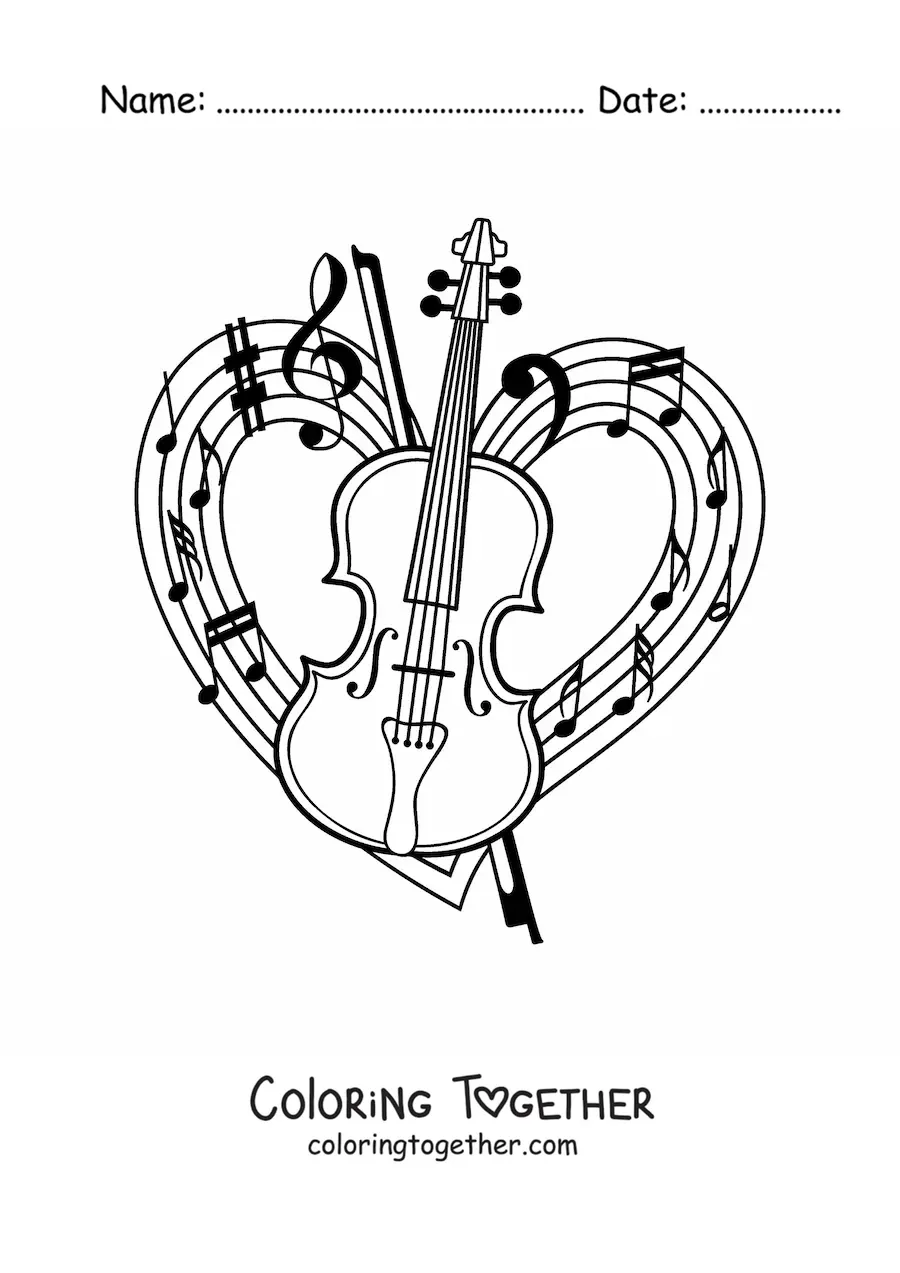 Coloring page of a violin and its bow with a heart-shaped staff