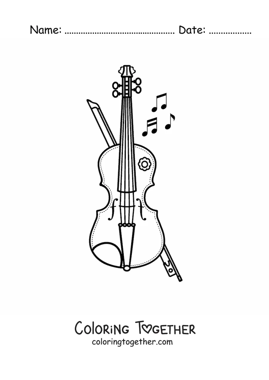 Coloring page of a violin with a bow