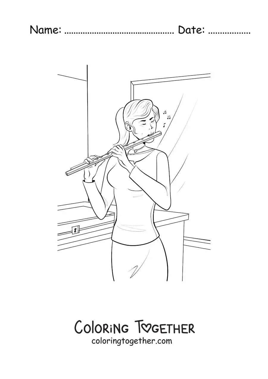 Coloring page of a girl playing a transverse flute