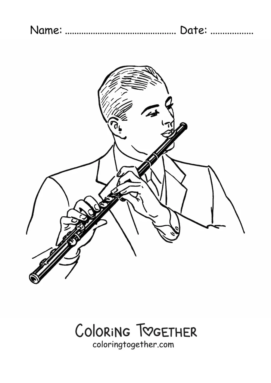 Coloring page of a man playing a transverse flute