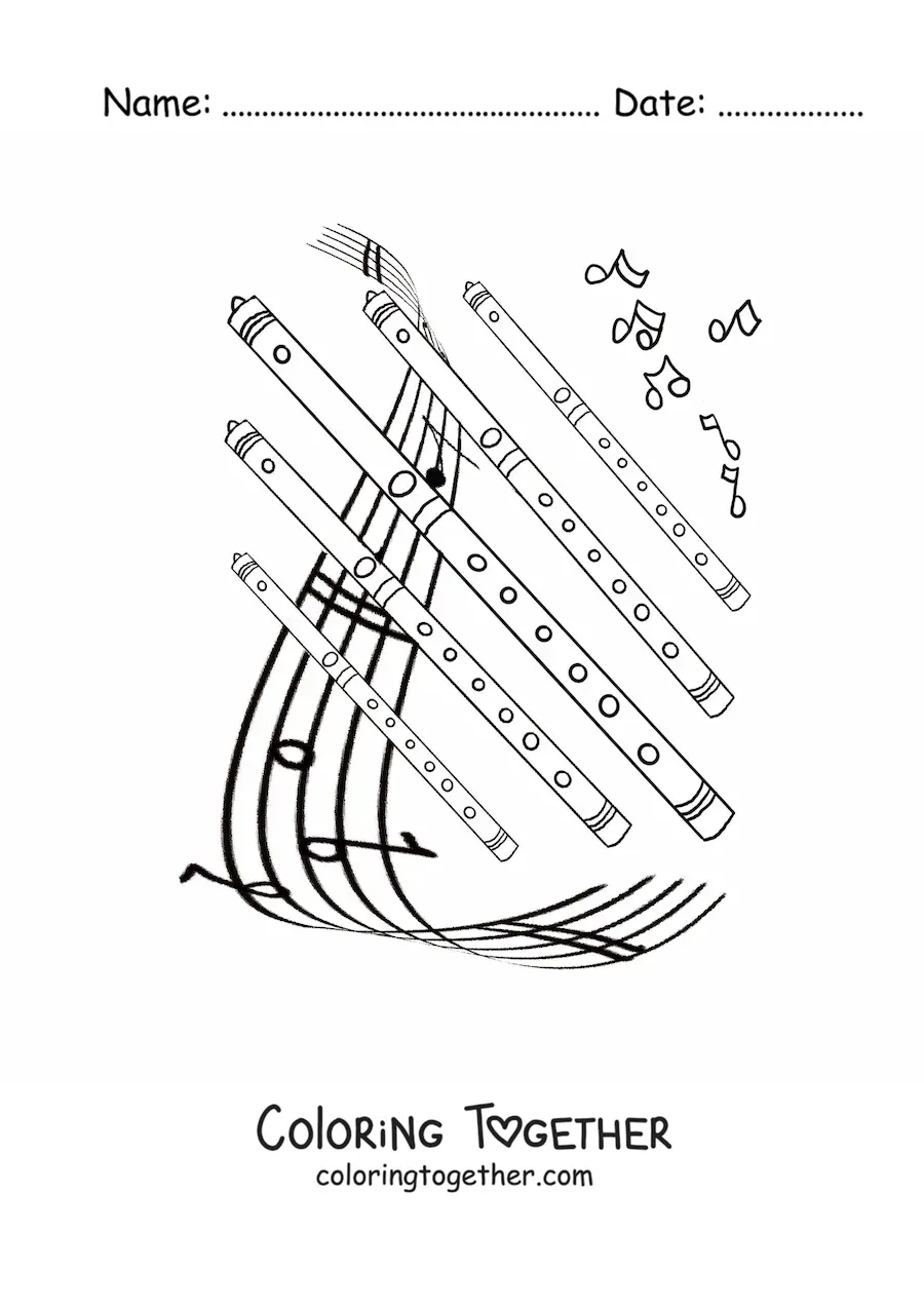 Coloring page of several flutes over a staff with musical notes