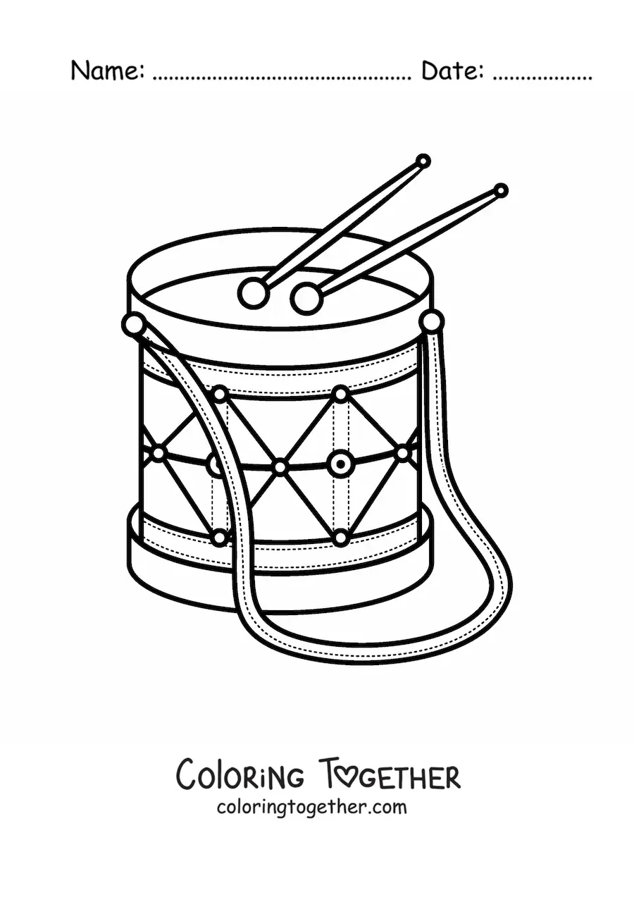 Coloring page of a drum with drumsticks