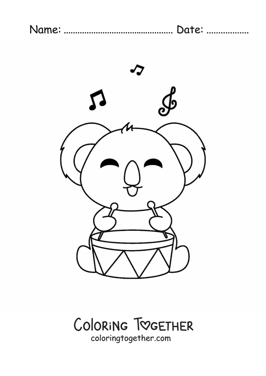 Coloring page of a kawaii koala playing the drum
