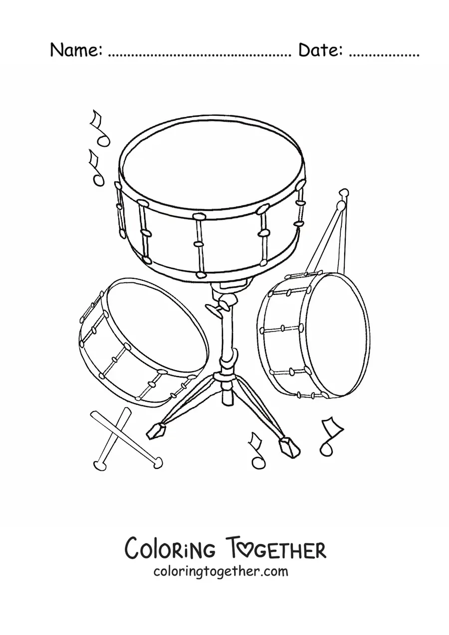 Coloring page of a set of realistic drums