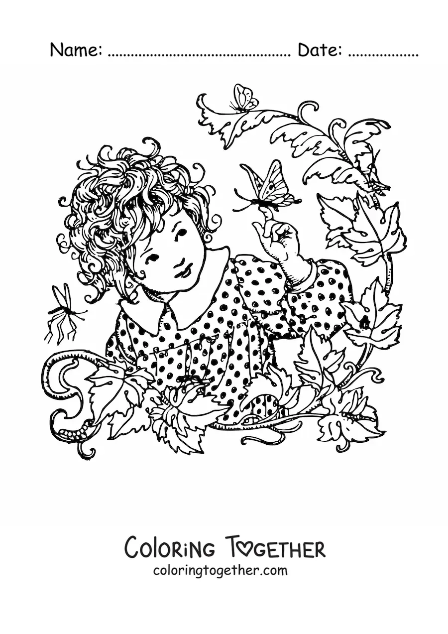 Coloring page of a girl surrounded by plants playing with a butterfly