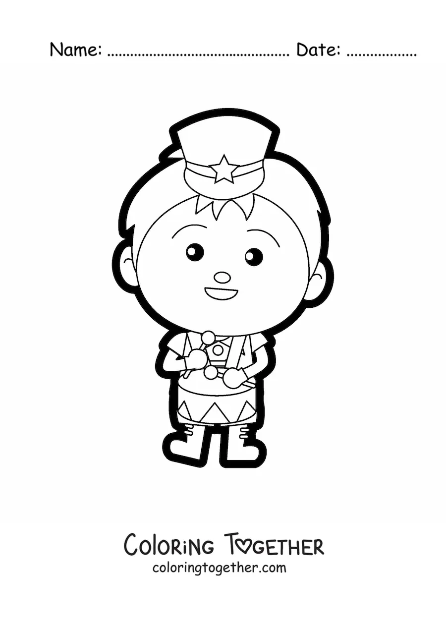 Coloring page of a boy in a marching band uniform playing the drum