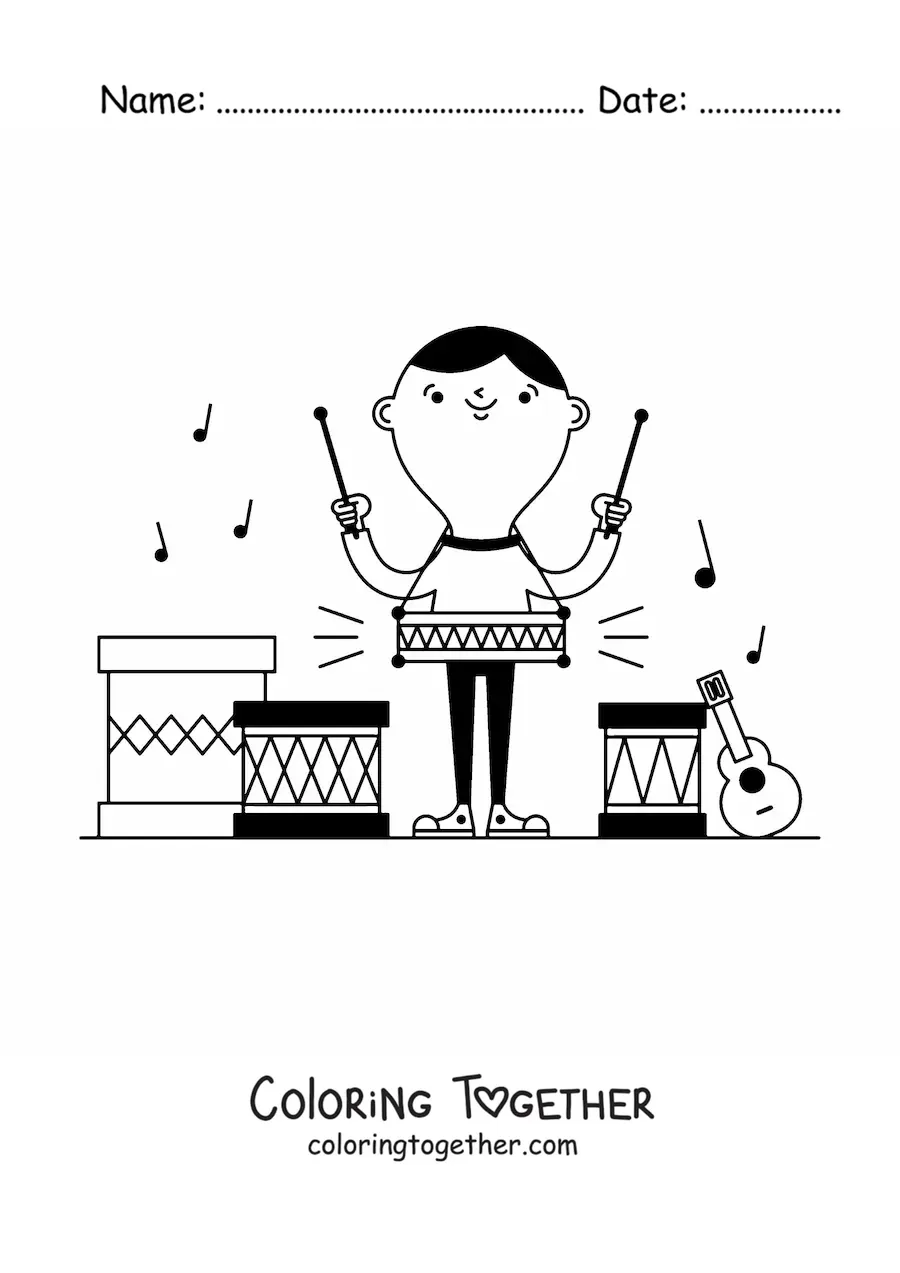 Coloring page of a boy playing drums