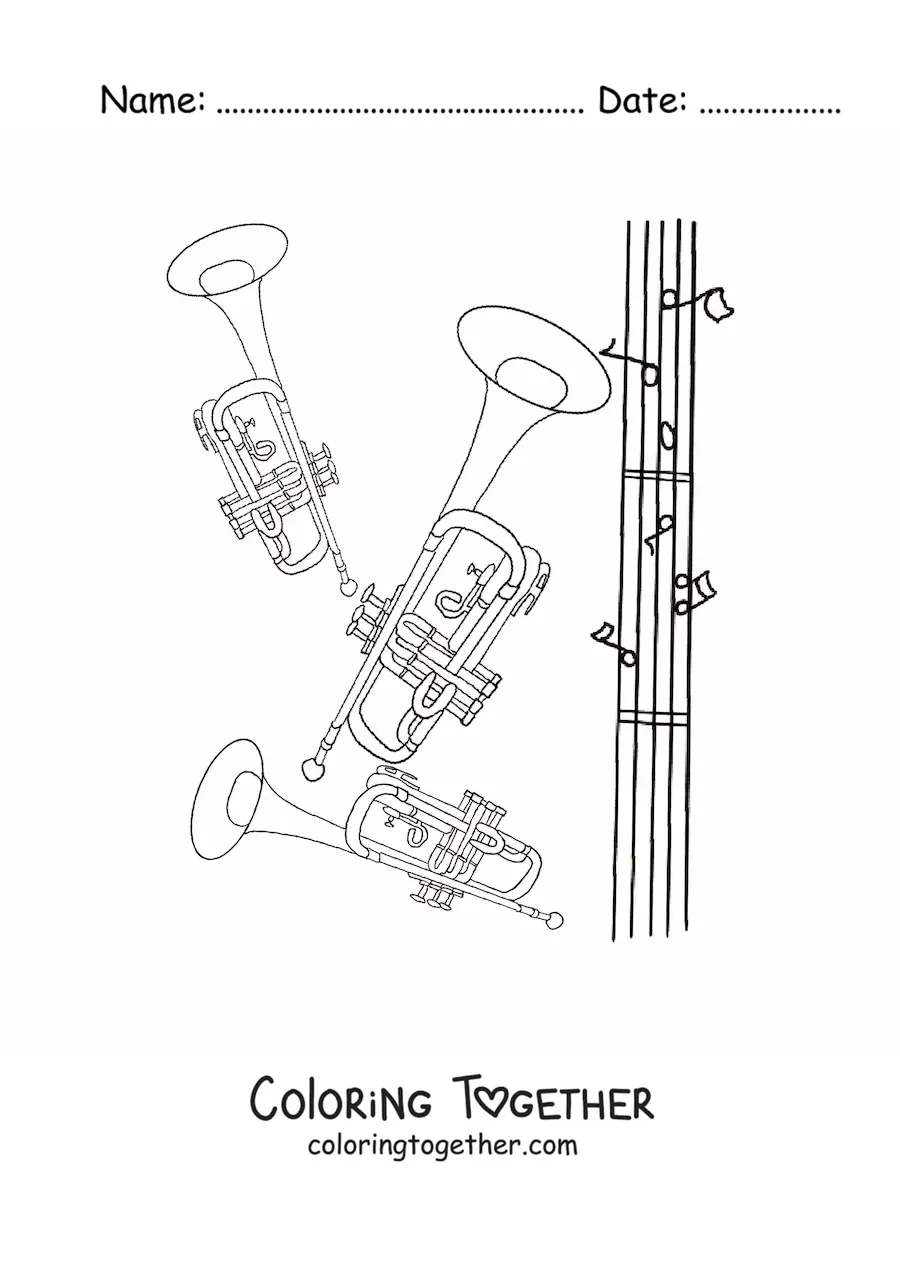 Coloring page of two trumpets beside a staff with musical notes