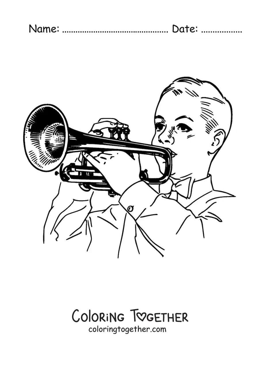 Coloring page of a boy playing the trumpet