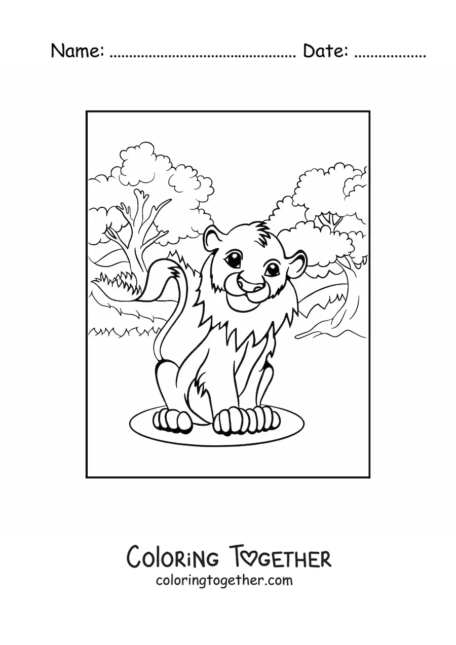 Coloring page of a sweet little lion sitting on the savanna