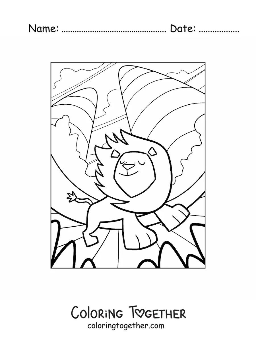 Coloring page of a cartoon lion walking with its mane in the wind in a natural landscape