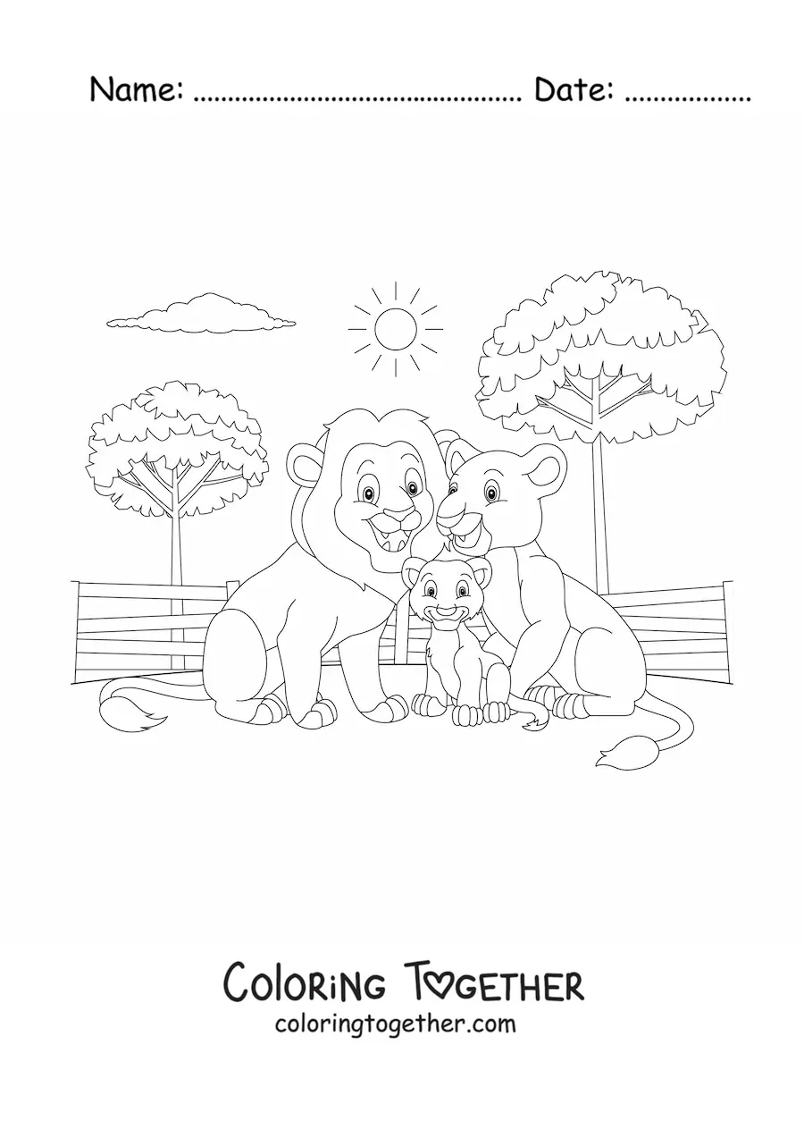 Coloring page of a family of lions with a smiling baby lion at the zoo