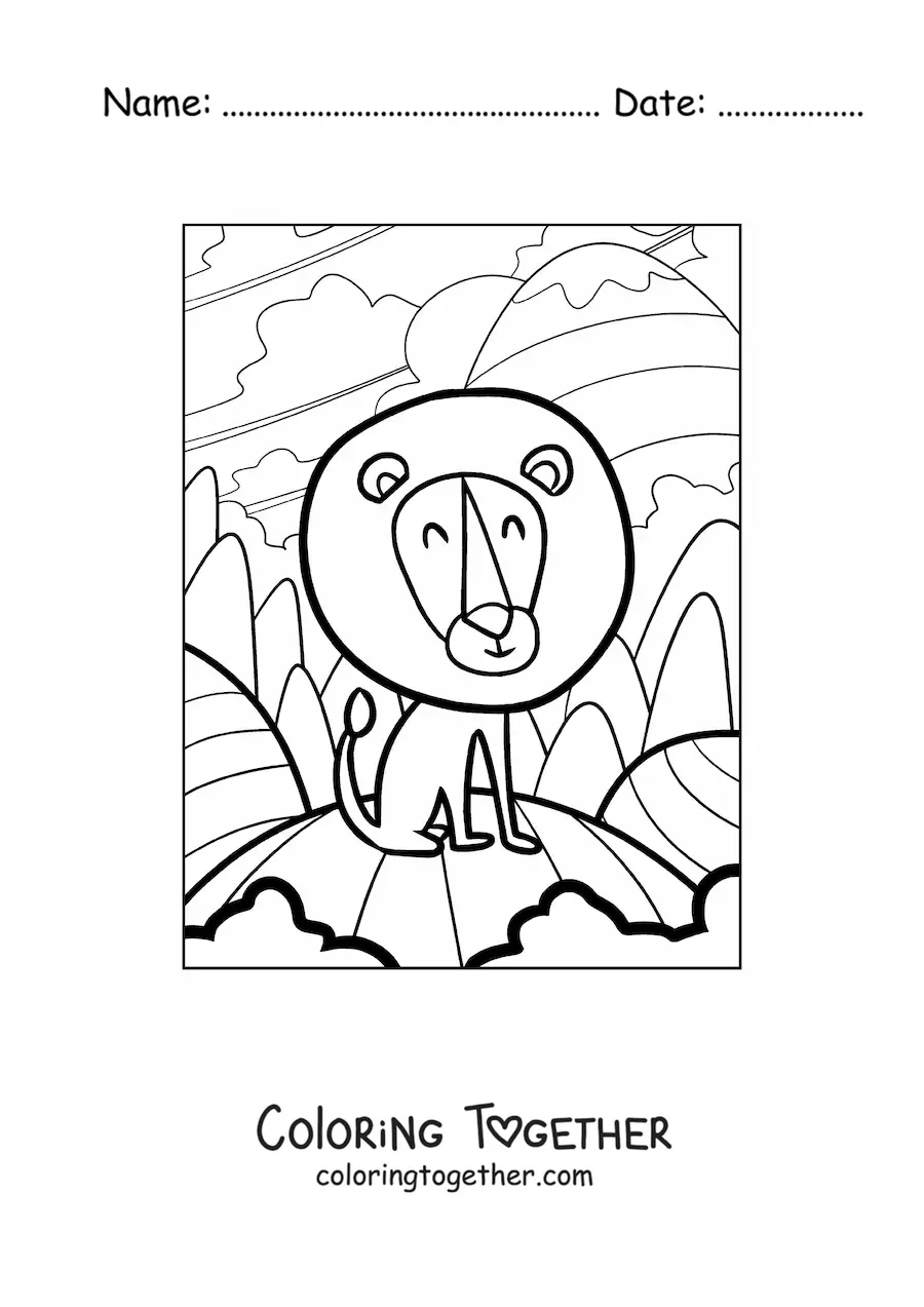 Coloring page of a happy cartoon lion with a big round mane in its habitat
