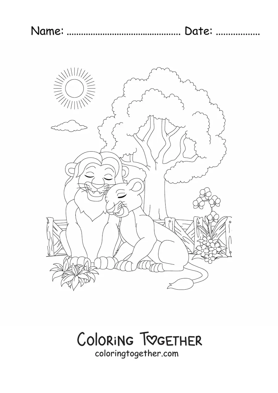 Coloring page of a pair of lions in love together at the zoo