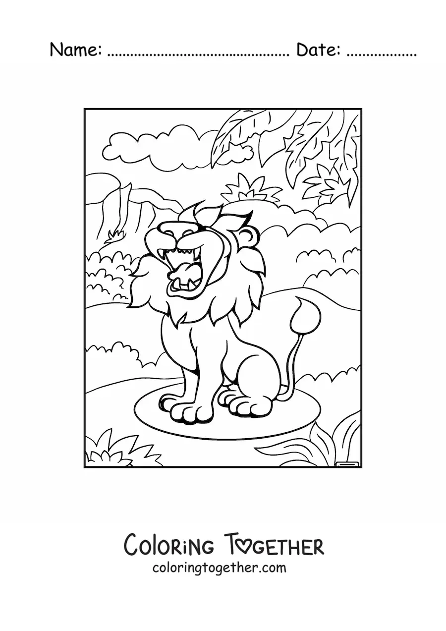 Coloring page of a fierce lion roaring in its habitat