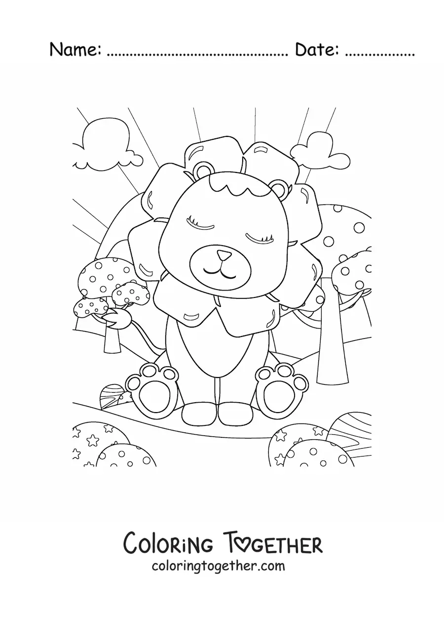Coloring page of a sweet lion with a flowery mane sitting with its eyes closed and its back to the sun