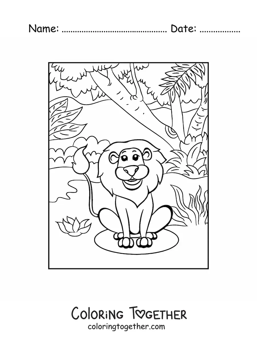 Coloring page of a smiling lion sitting among the jungle vegetation