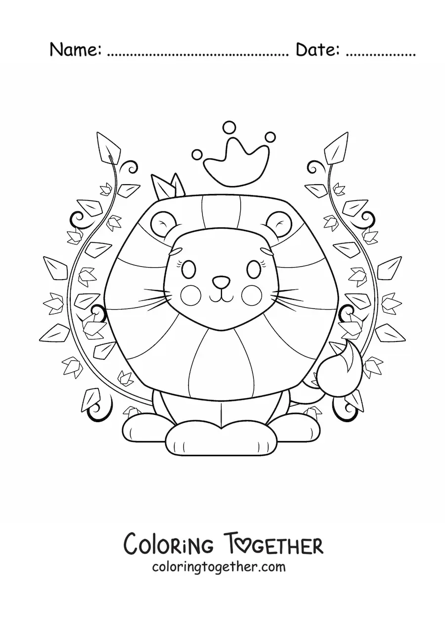 Coloring page of a kawaii lion with a crown surrounded by decorative plants