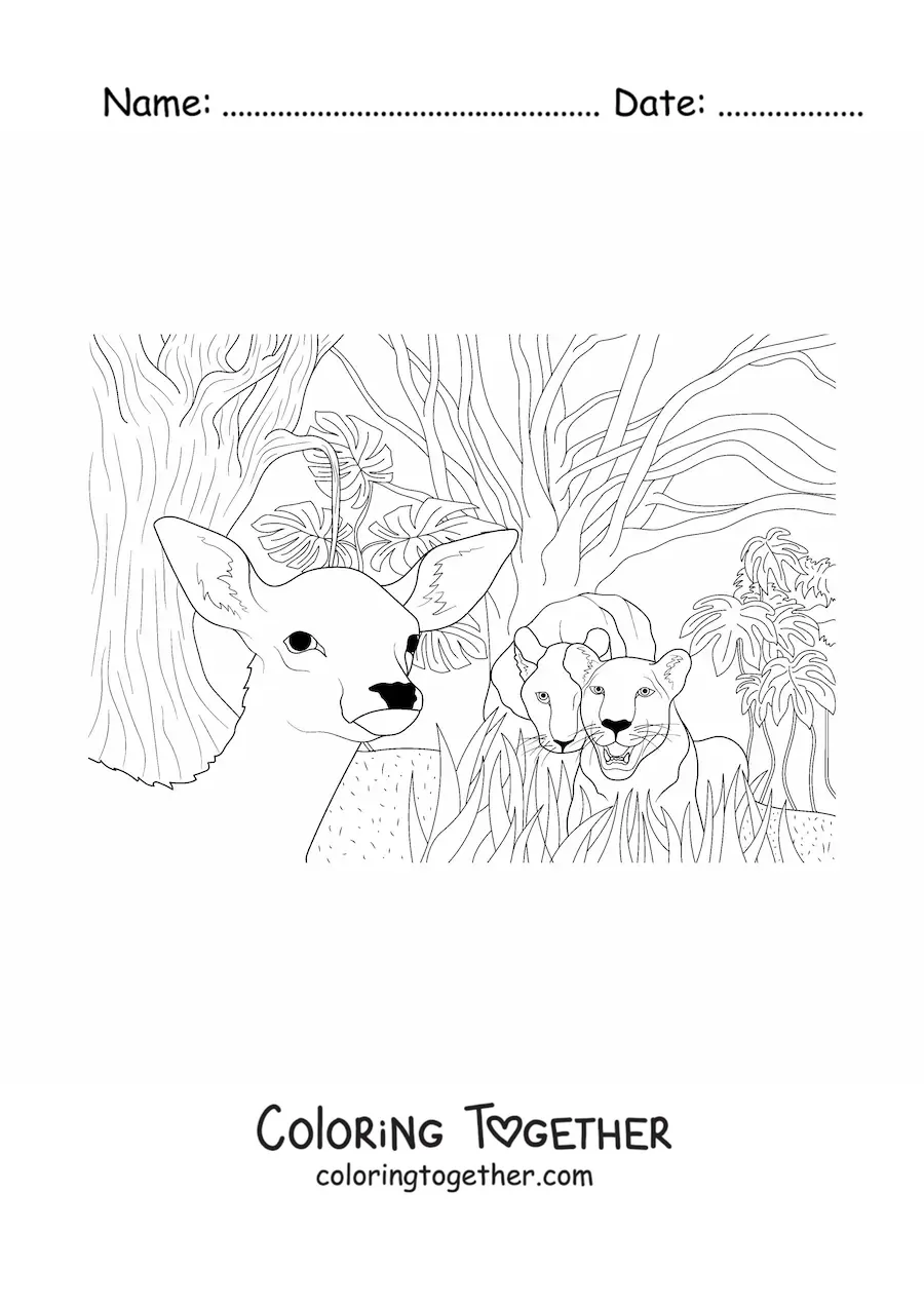 Coloring page of a pair of fierce lions hunting a deer in the jungle
