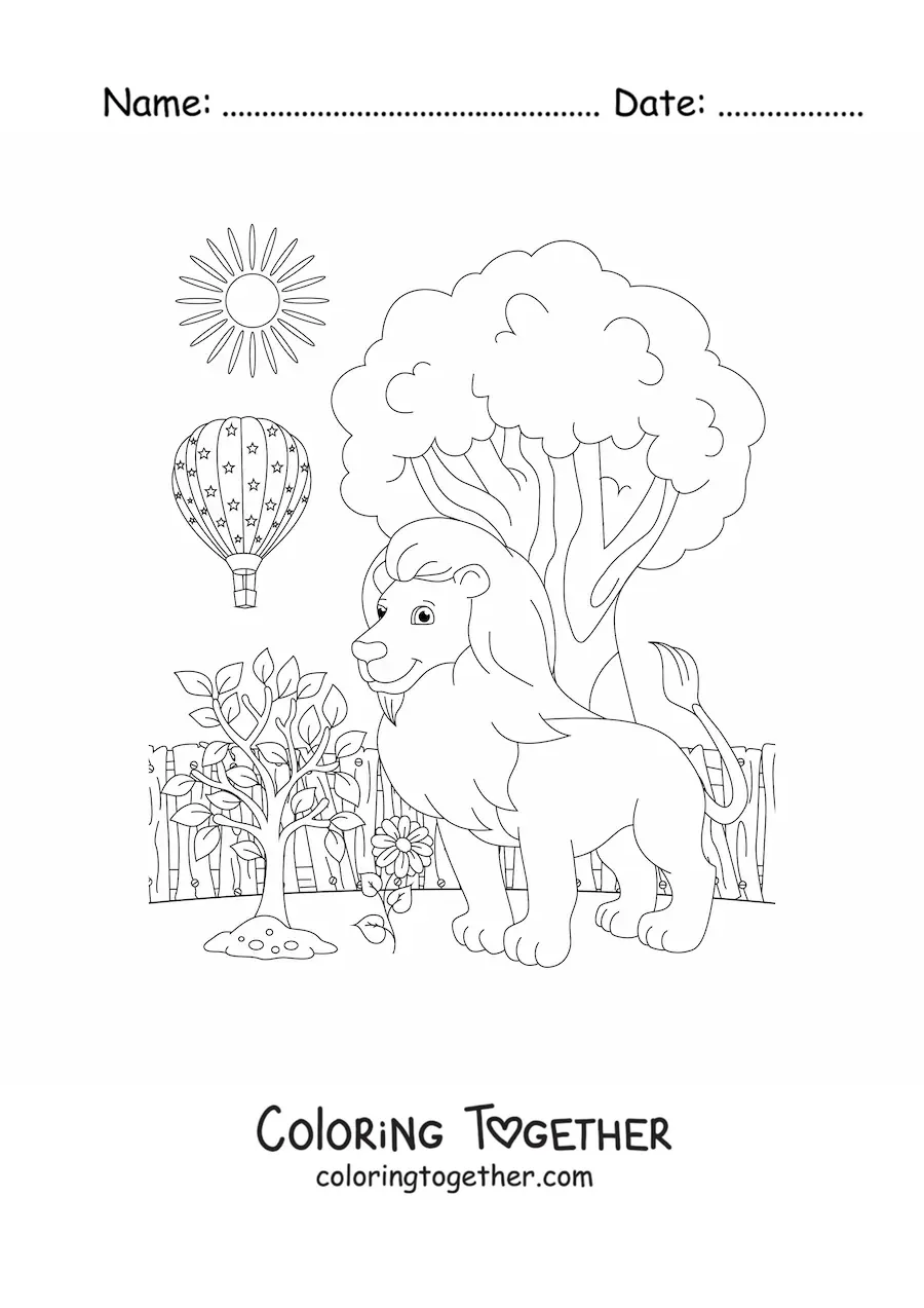 Coloring page of a zoo landscape with a big lion and a hot air balloon