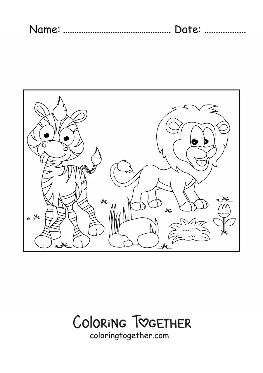 Coloring page of a cartoon of a lion and a funny zebra