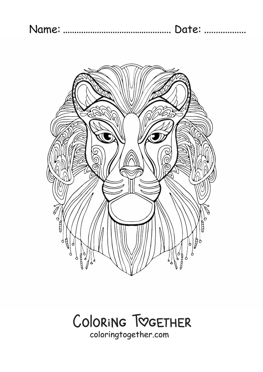 Coloring page of a mandala shaped like a lion's face