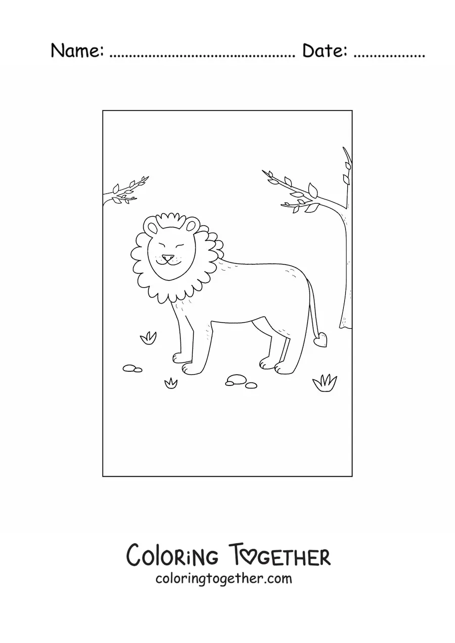 Coloring page of a sweet smiling lion in its natural habitat
