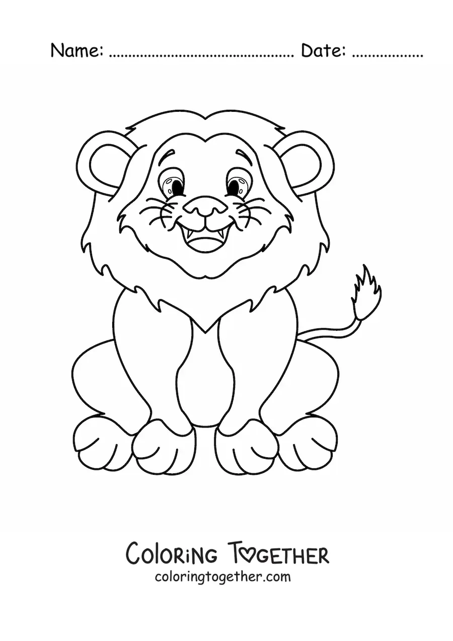 Coloring page of a smiling lion sitting