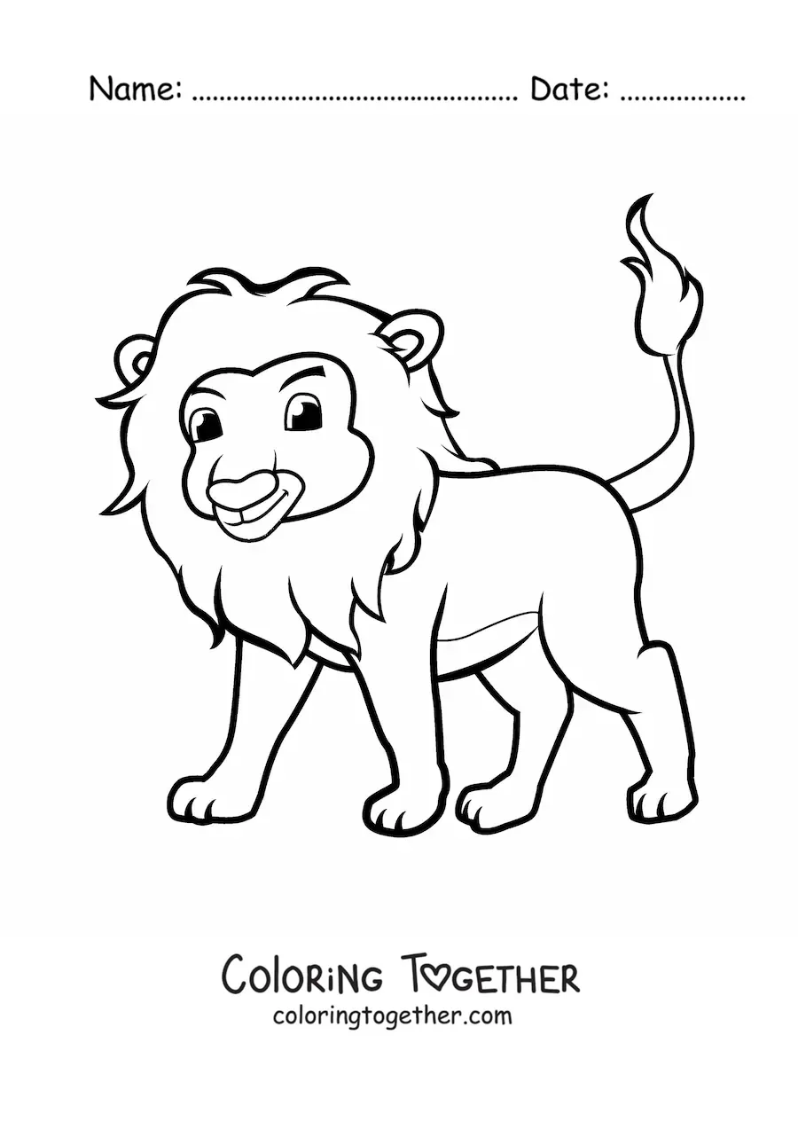 Coloring page of a cartoon lion standing on all fours