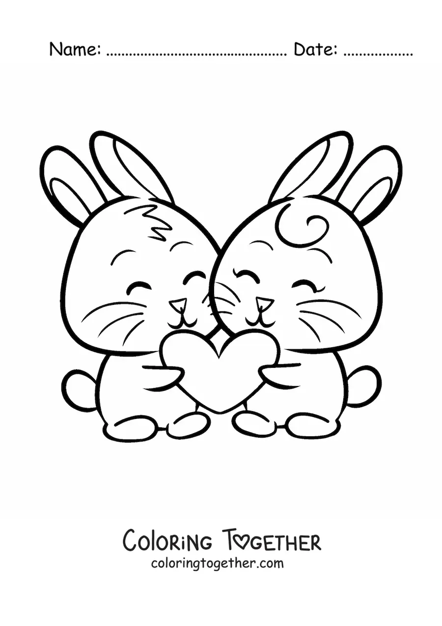 Coloring page of a pair of little bunnies holding a heart together