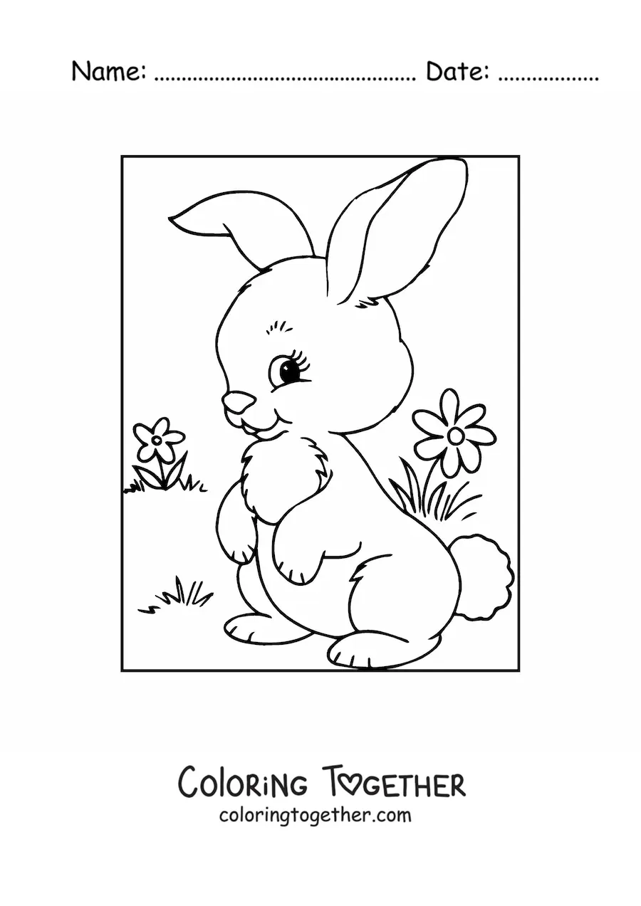 Coloring page of a cute little bunny in a meadow with flowers