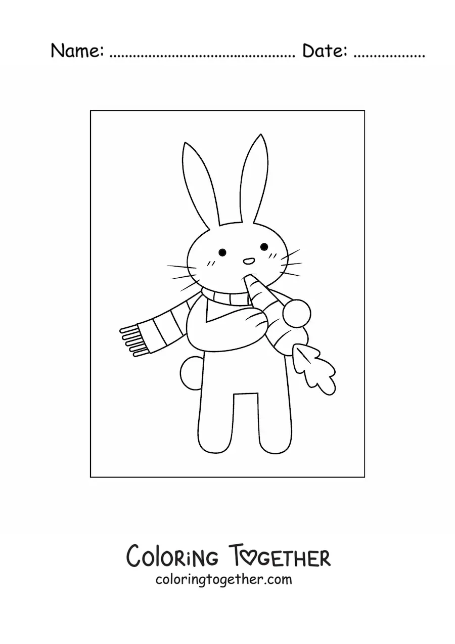 Coloring page of a cartoon rabbit wearing a scarf and eating a carrot