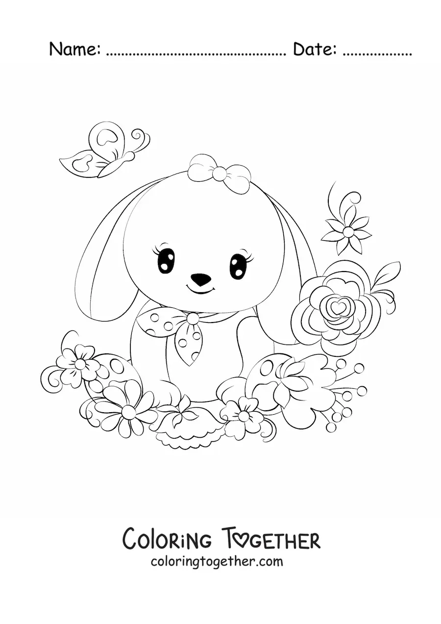 Coloring page of a kawaii rabbit with sparkly eyes and floppy ears surrounded by flowers